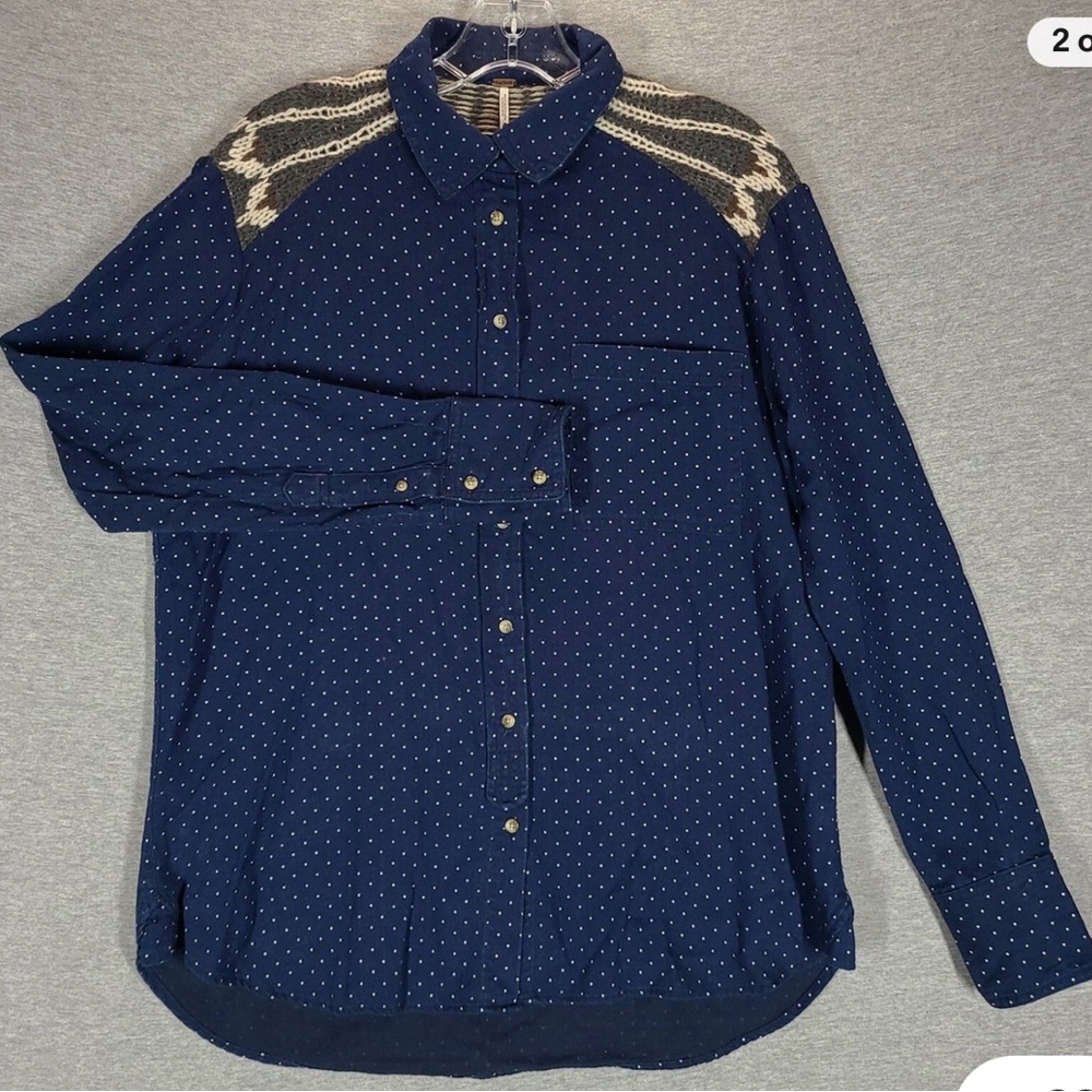 Free People Blue Polka Dot Wool Blend Buttoned Down Sweater Knit Inset Shirt.SzL - Picture 3 of 9